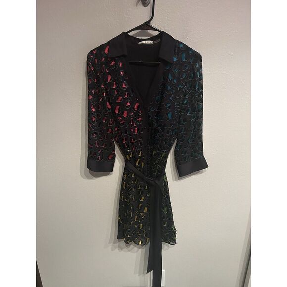 Alice Olivia Womens Size 10 Black Leopard Raja V Neck Dress - Picture 1 of 7